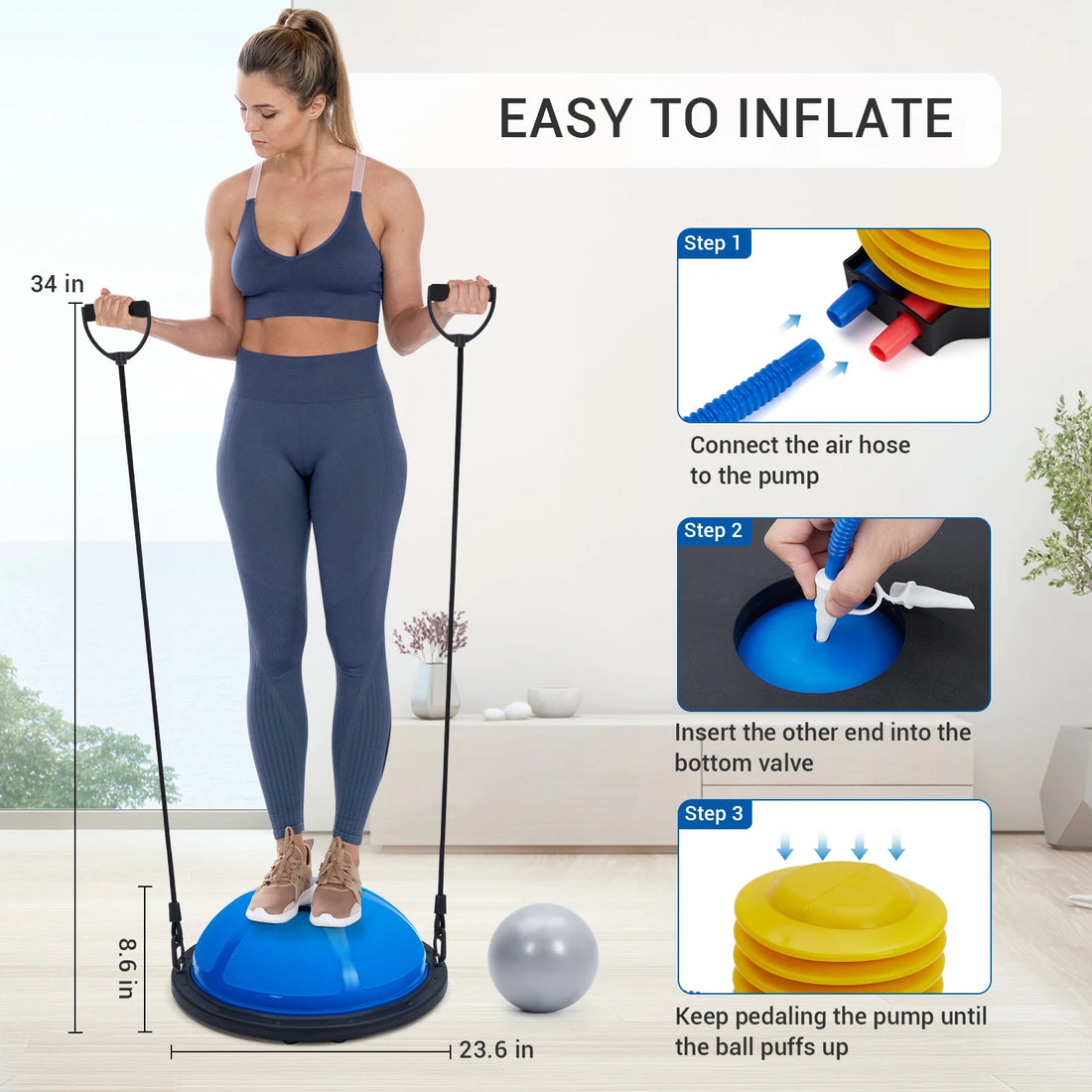 Half Exercise Ball Trainer with Bands and Pump