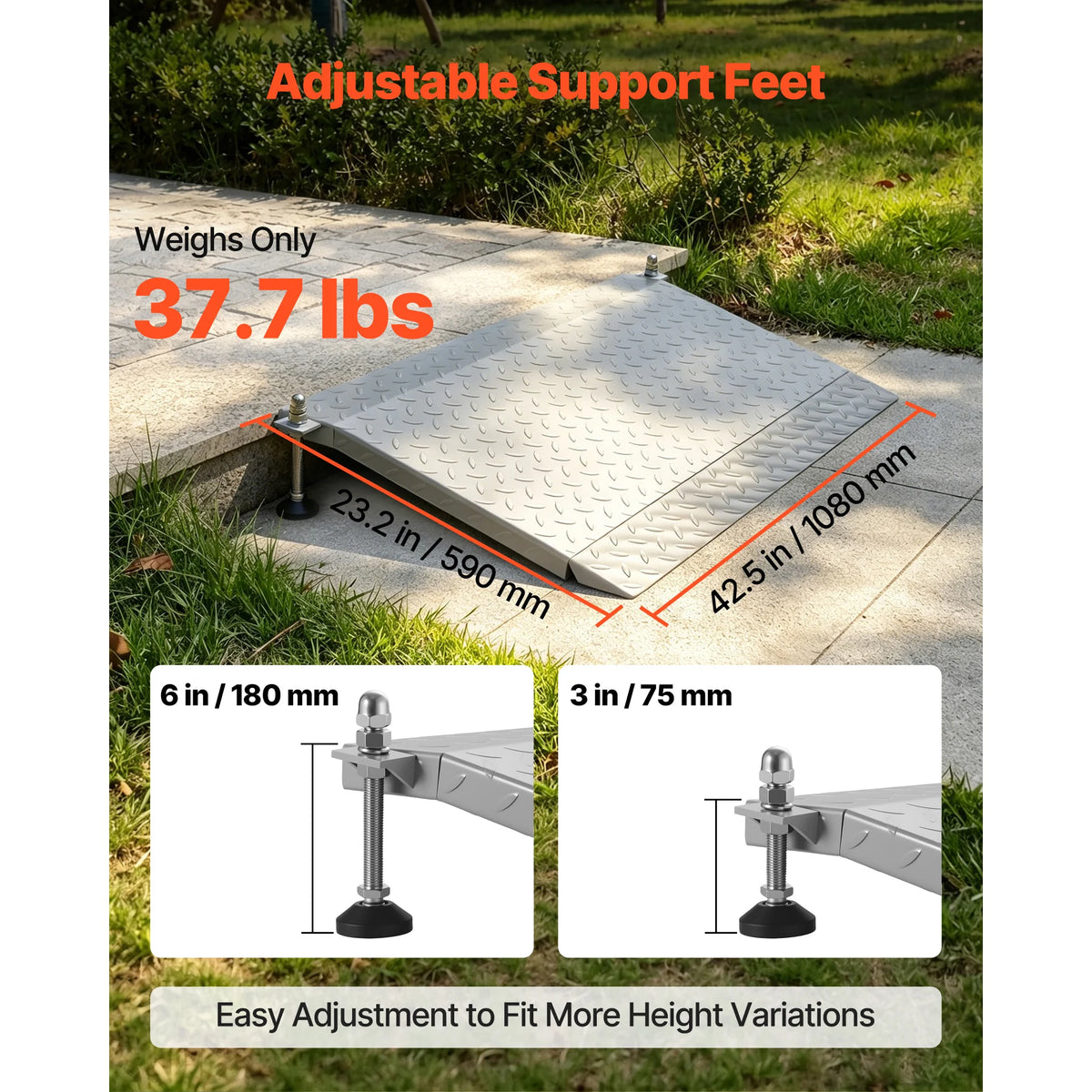 Medwell Aluminum Wheelchair Ramp, 42.5 x 23.2 in, 1000 lbs Capacity