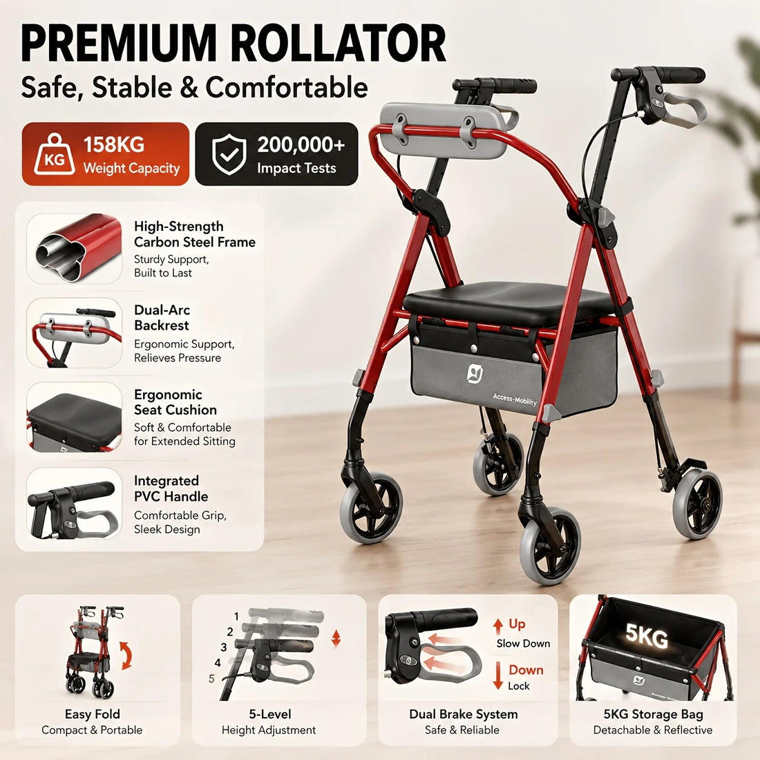 Foldable Rollator Walker with Seat and Backrest