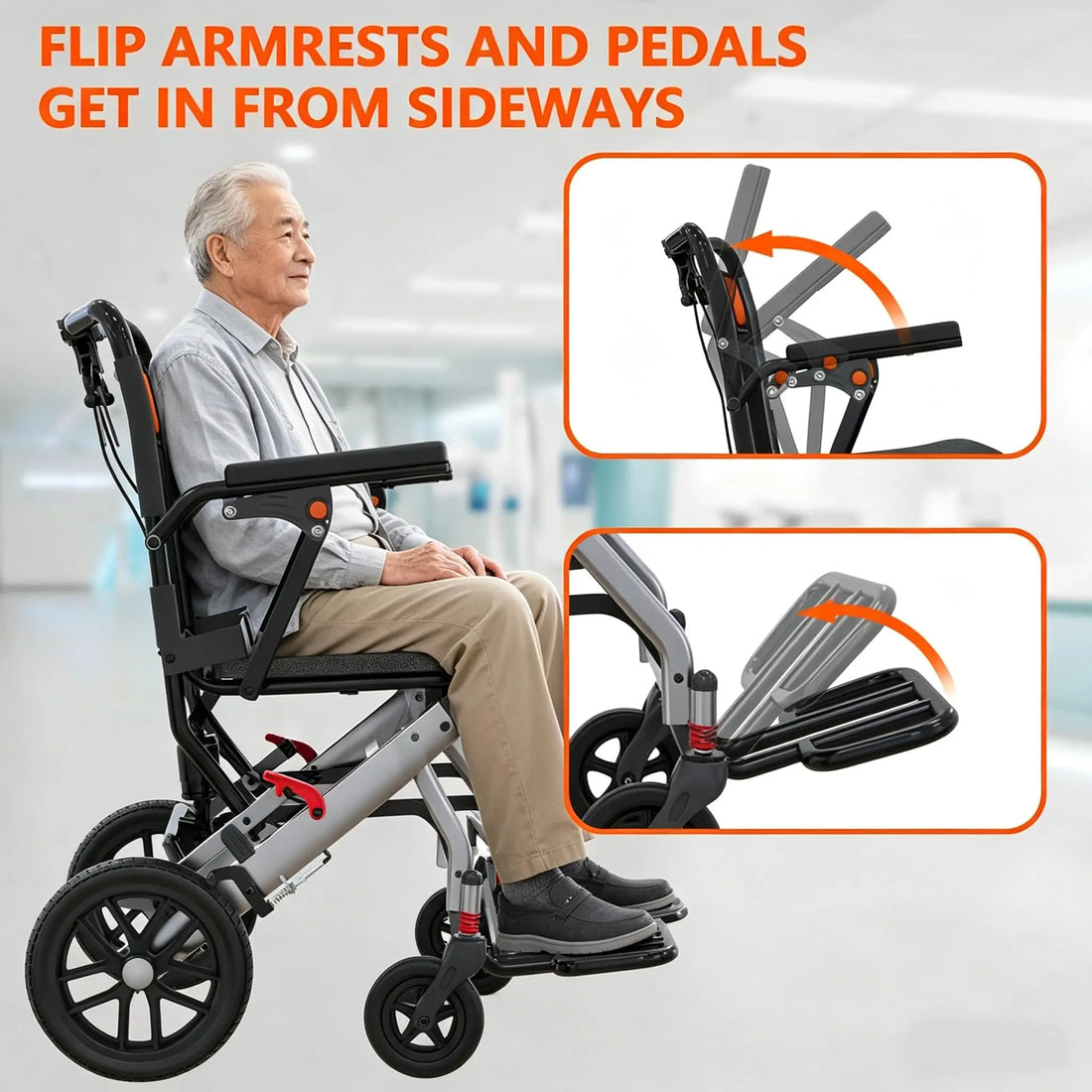 Folding Transport Wheelchair with Locking Handbrake
