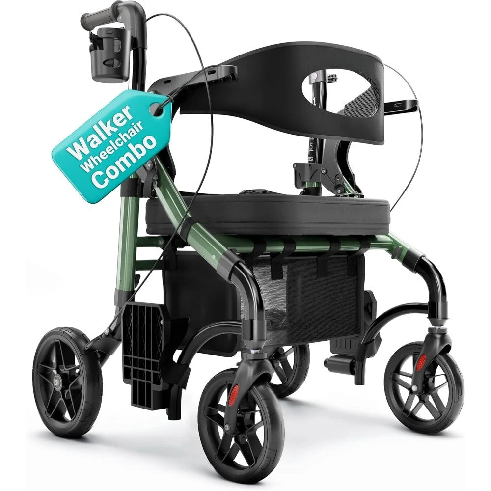 2-in-1 Rollator Walker and Transport Wheelchair Combo