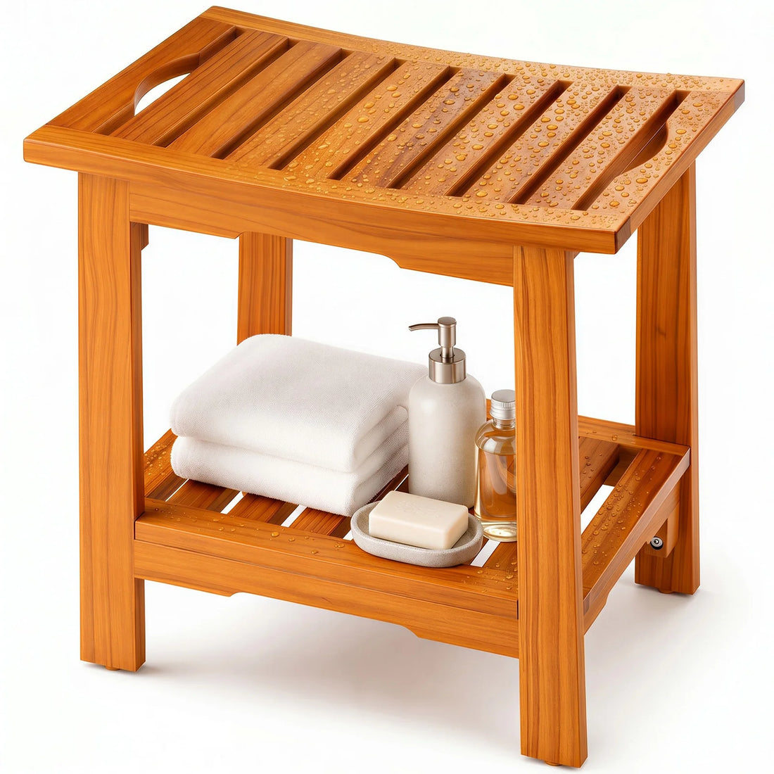 Wooden Shower Stool with Storage Shelf and Handles, 300 lbs