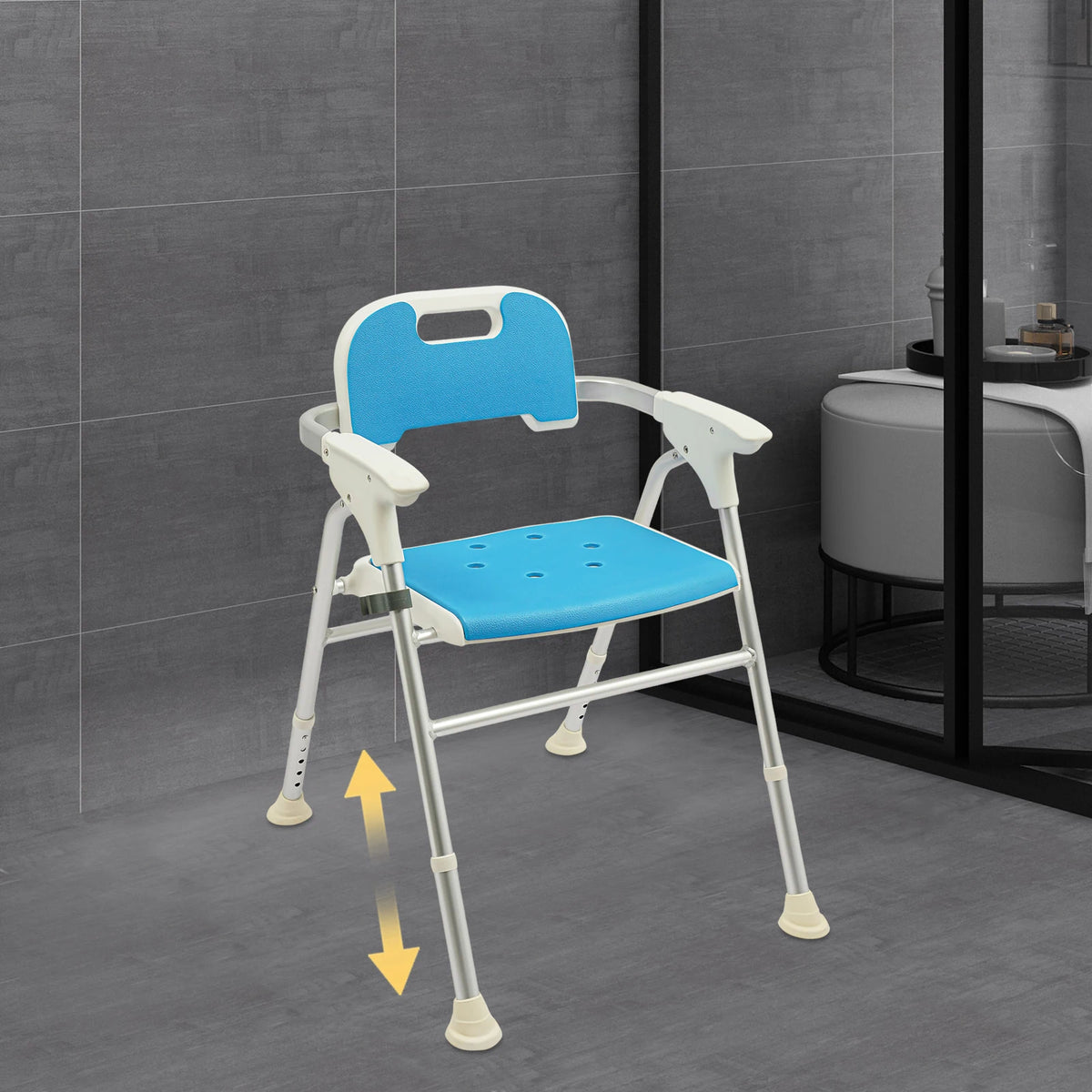 Foldable Shower Chair with Backrest and Armrests, Adjustable Height