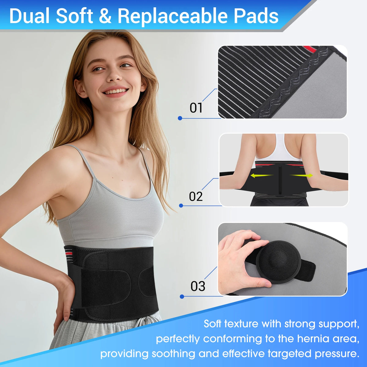 Adjustable Front-Wearing Hernia Belt with 2 Pads