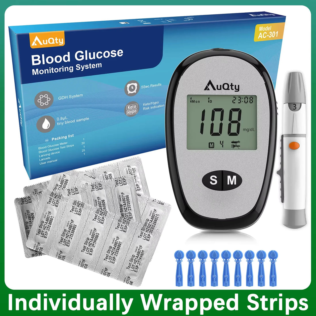 Blood Glucose Meter Kit with Individually Wrapped Test Strips