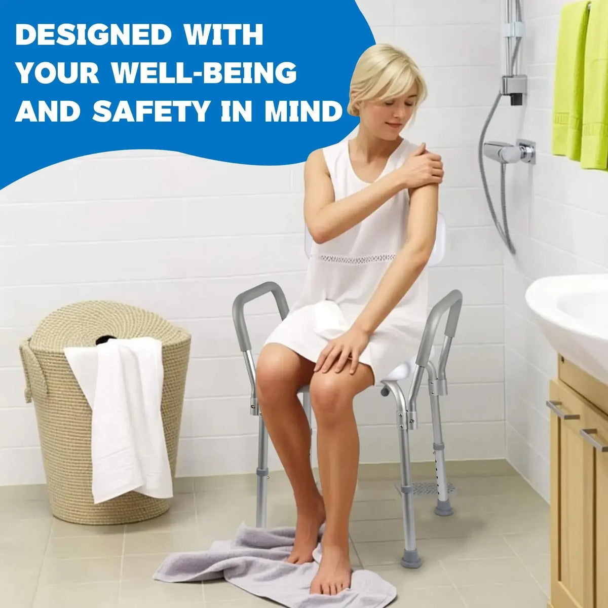 Adjustable Shower Chair with Padded Armrests