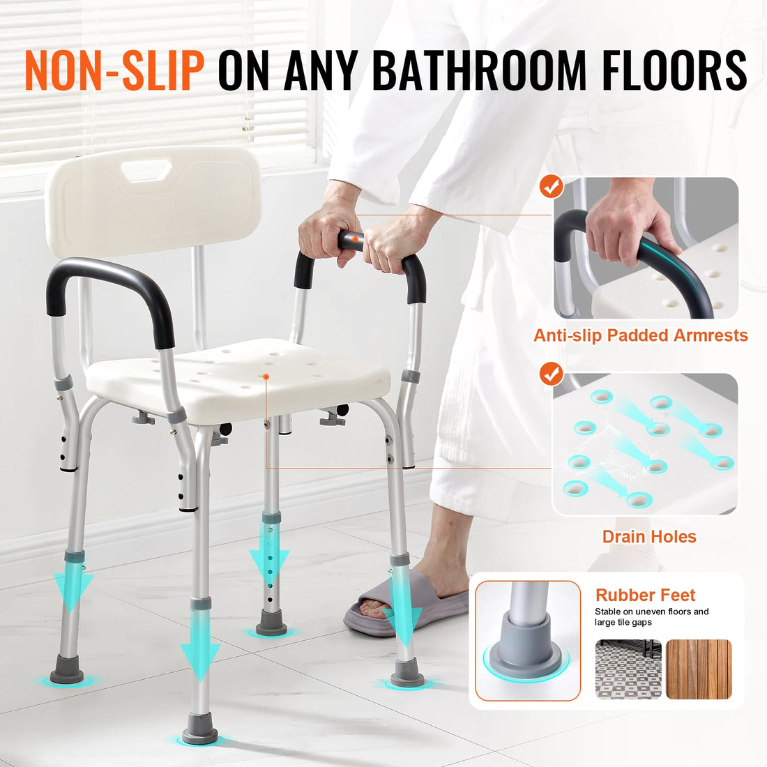 Adjustable Shower Chair with Back and Non-Slip Feet