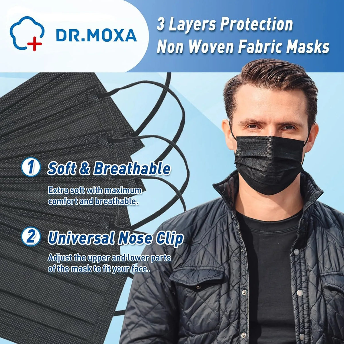 Black 3-Ply Disposable Face Masks for Adults