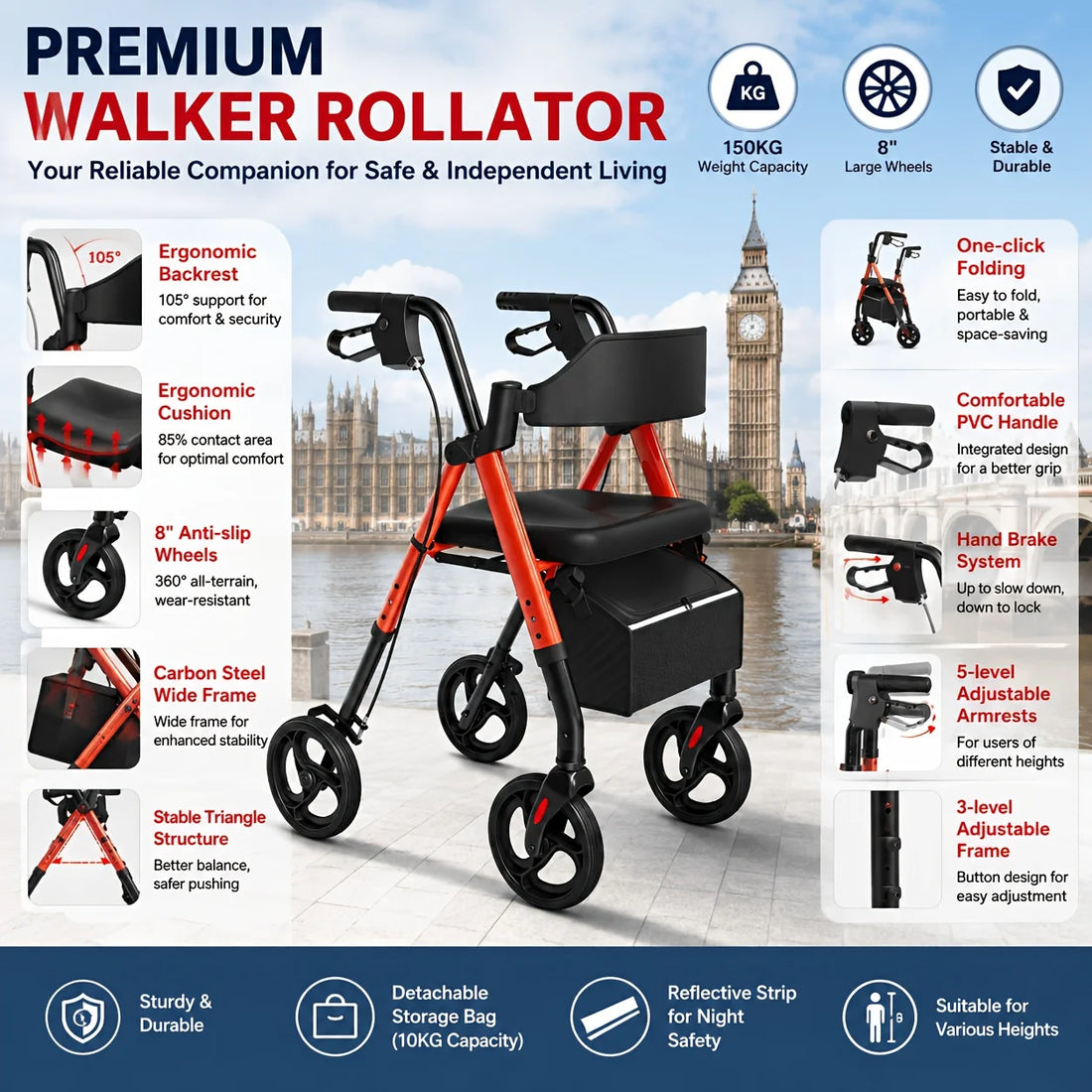 Medwell Foldable Rollator Walker with Seat and 8-Inch Wheels