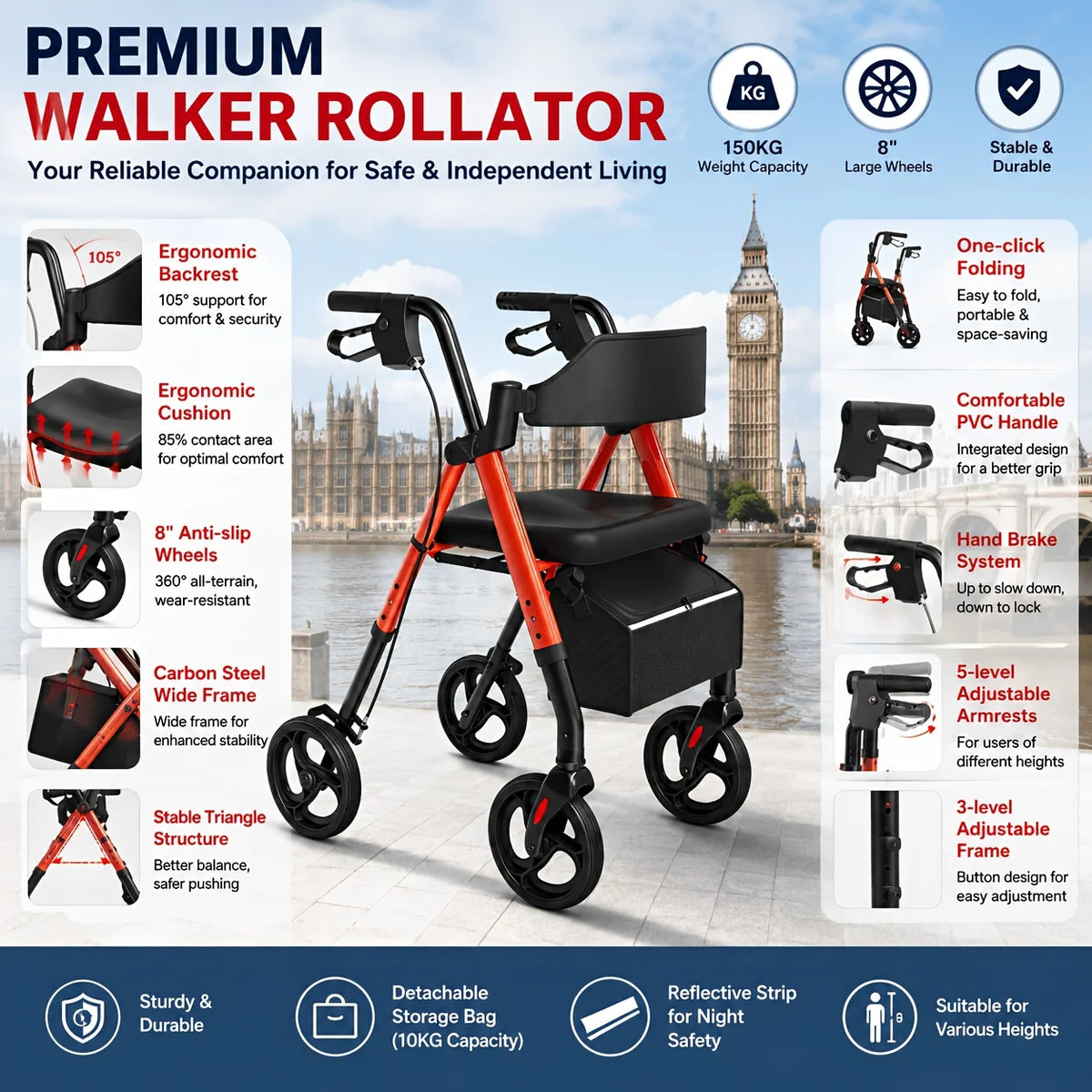Medwell Foldable Rollator Walker with Seat and 8-Inch Wheels