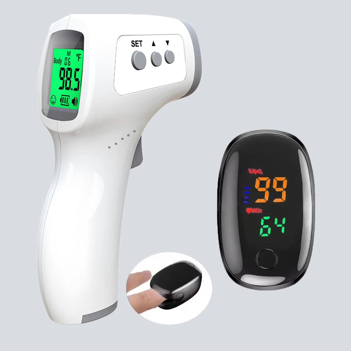 Non-Contact Ear Thermometer and Finger Oximeter for Infants and Adults
