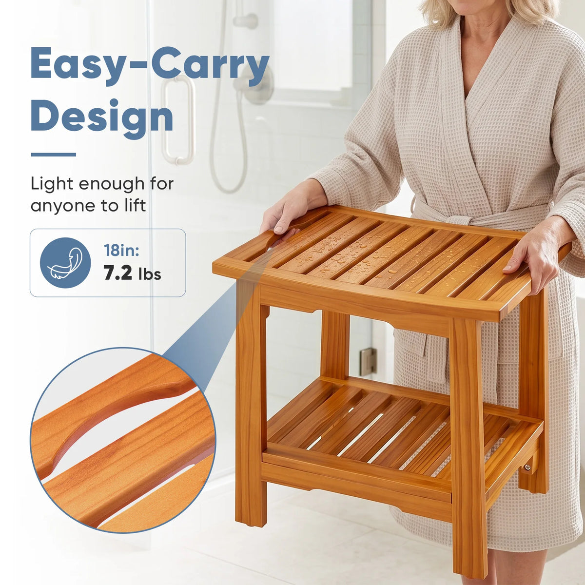 Wooden Shower Stool with Storage Shelf and Handles, 300 lbs