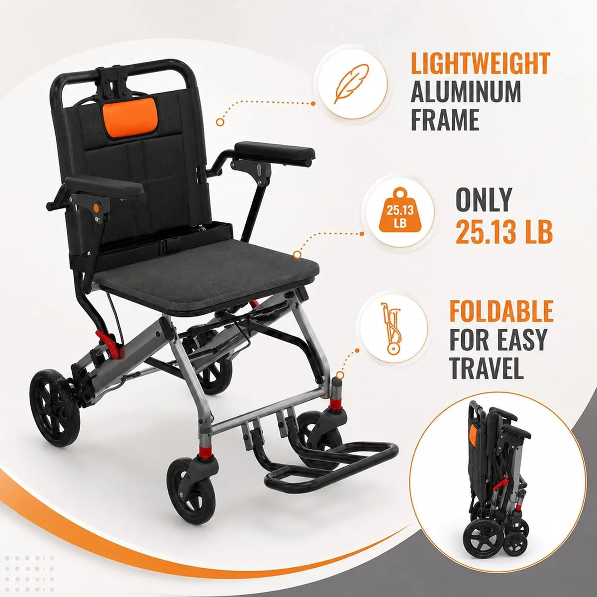 Folding Transport Wheelchair with Detachable Footrests