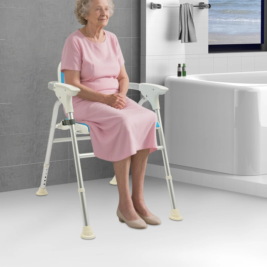 Foldable Shower Chair with Backrest and Armrests, Adjustable Height