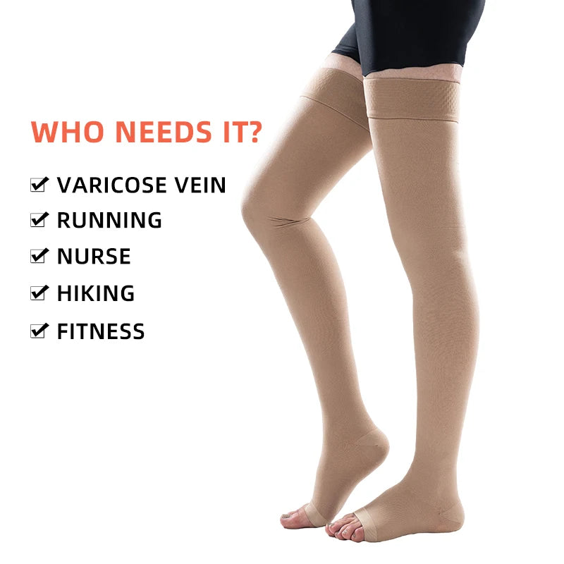 Unisex Open-Toe Thigh-High Compression Stockings 34–46 mmHg