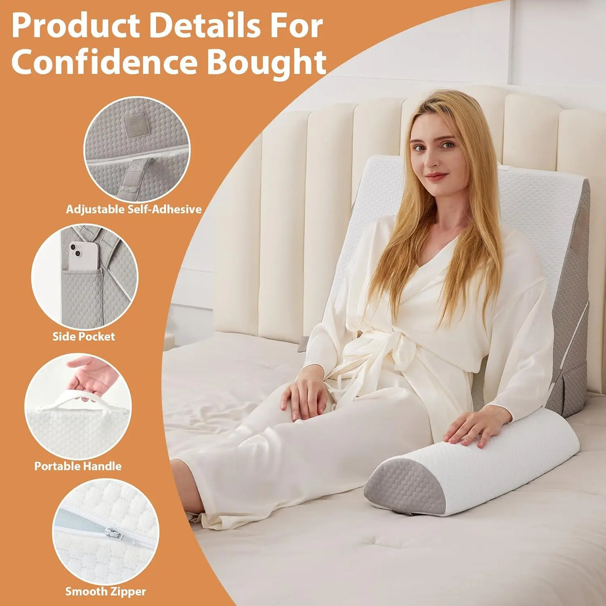 3-Piece Orthopedic Memory Foam Bed Wedge Pillow Set, Washable Cover