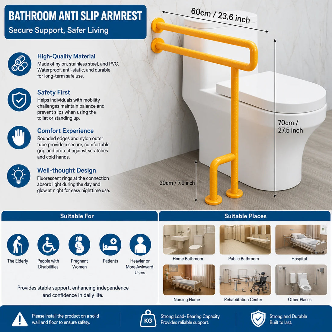 Bathroom Grab Bar Rail with Anti-Slip Grip