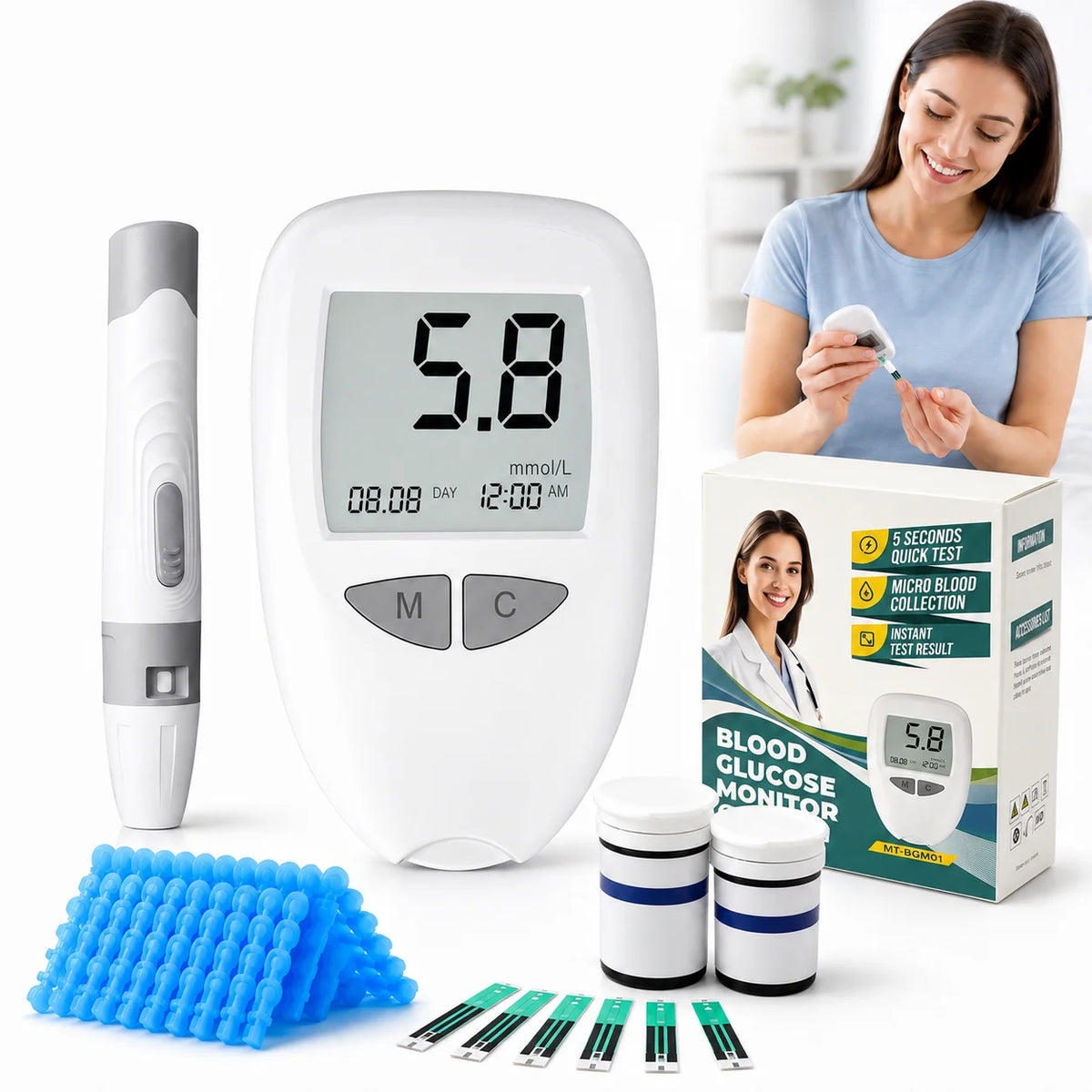 Blood Glucose Monitor Kit with Test Strips and Lancets