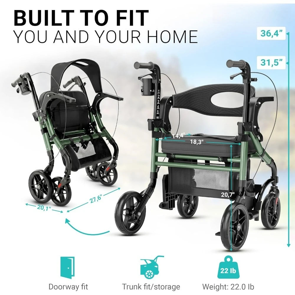 2-in-1 Rollator Walker and Transport Wheelchair Combo