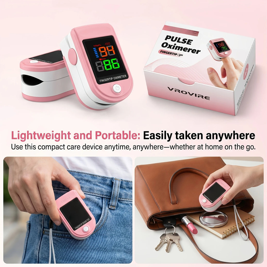 Pink Fingertip Pulse Oximeter with LCD Display