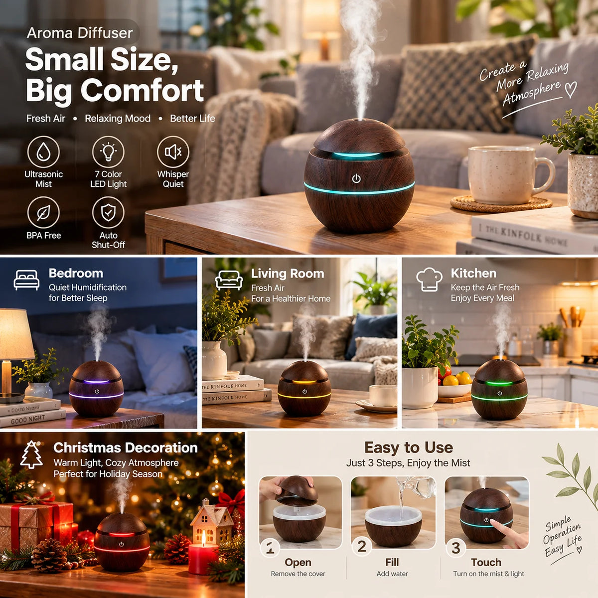 Cool Mist Humidifier with 7-Color LED Night Light
