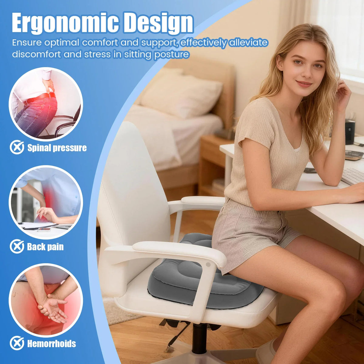 Perforated Inflatable Seat Cushion for Office and Travel