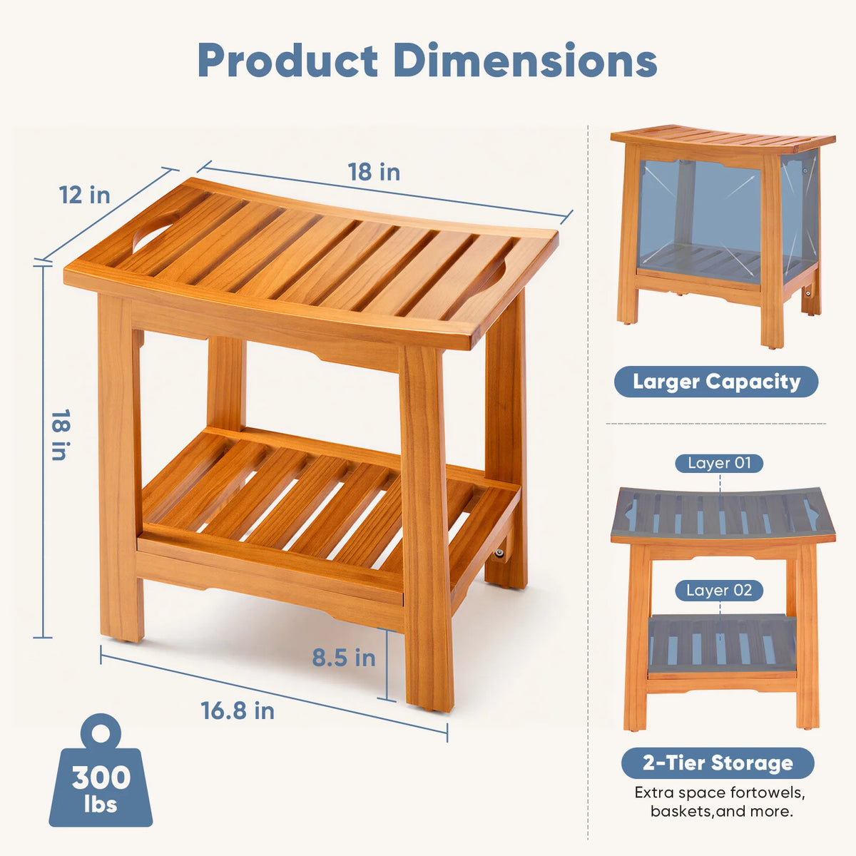 Wooden Shower Stool with Storage Shelf and Handles, 300 lbs