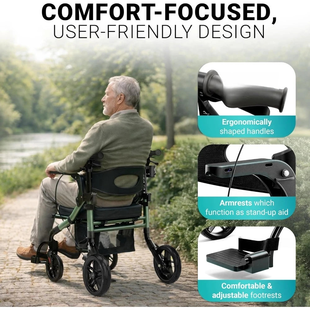 2-in-1 Rollator Walker and Transport Wheelchair Combo