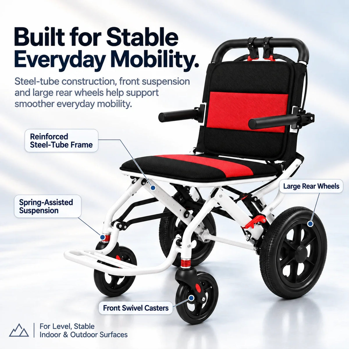 Lightweight Foldable Wheelchair for Adults, Compact, 220 lb Capacity