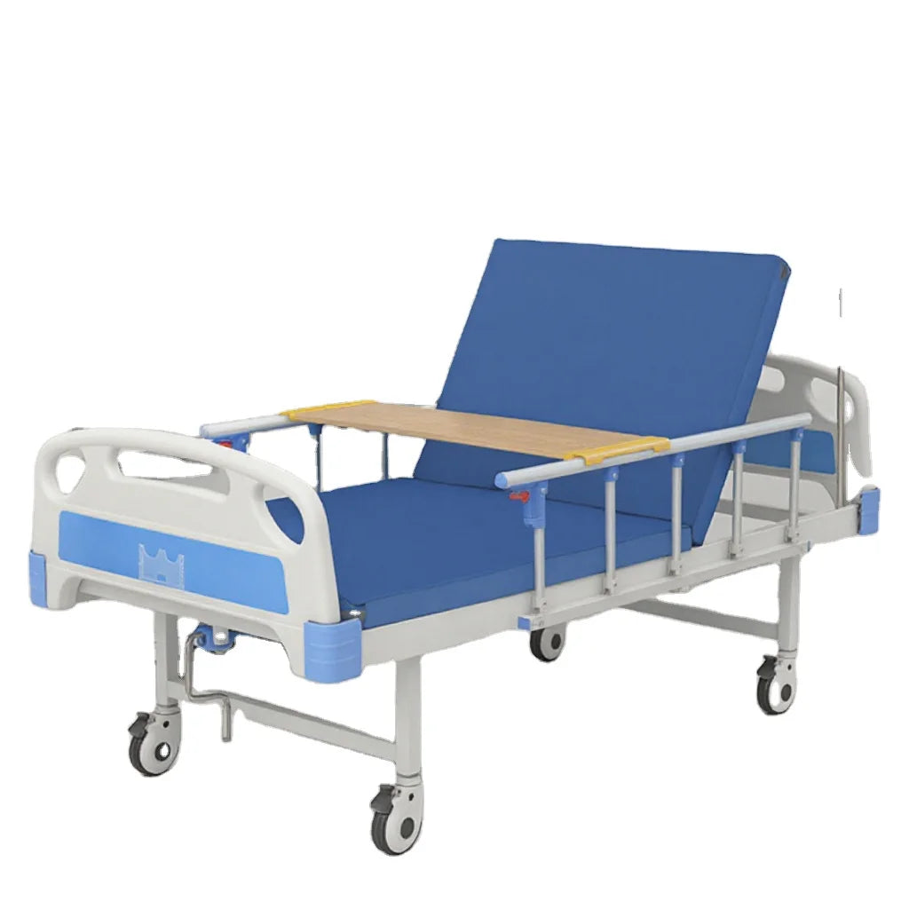Hand-Cranked Hospital Bed with Guardrails and Wheels