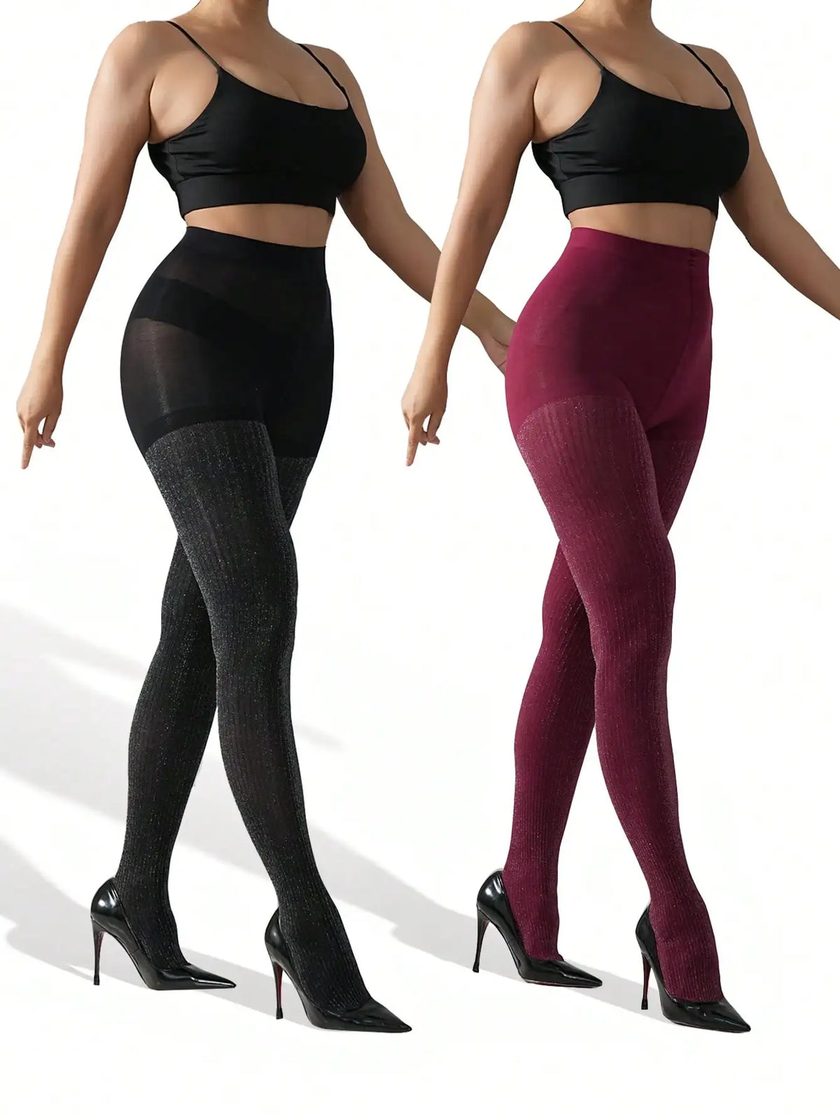 High-Waist Ribbed Glitter Tights, 2-Piece