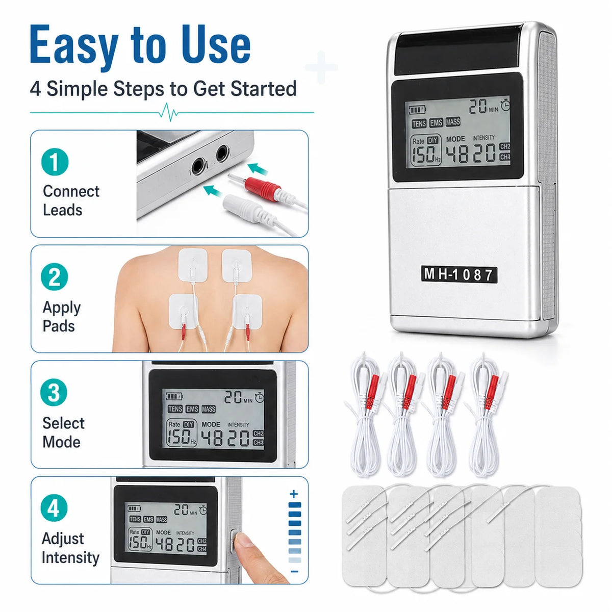 4-Channel TENS EMS Muscle Stimulator with 4 Pads