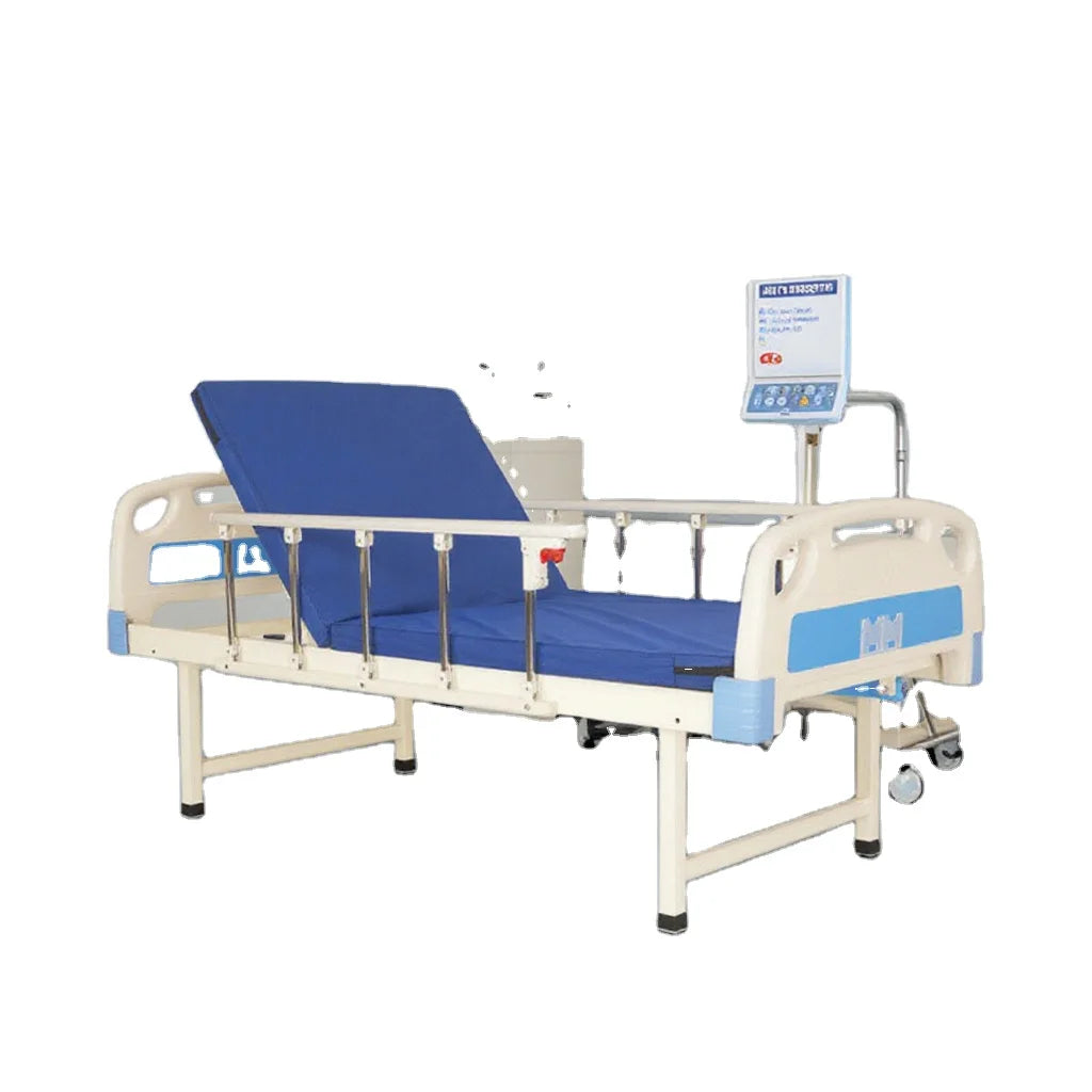 Hand-Cranked Hospital Bed with Guardrails and Wheels