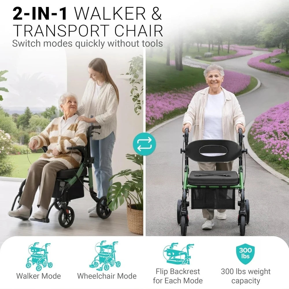 2-in-1 Rollator Walker and Transport Wheelchair Combo