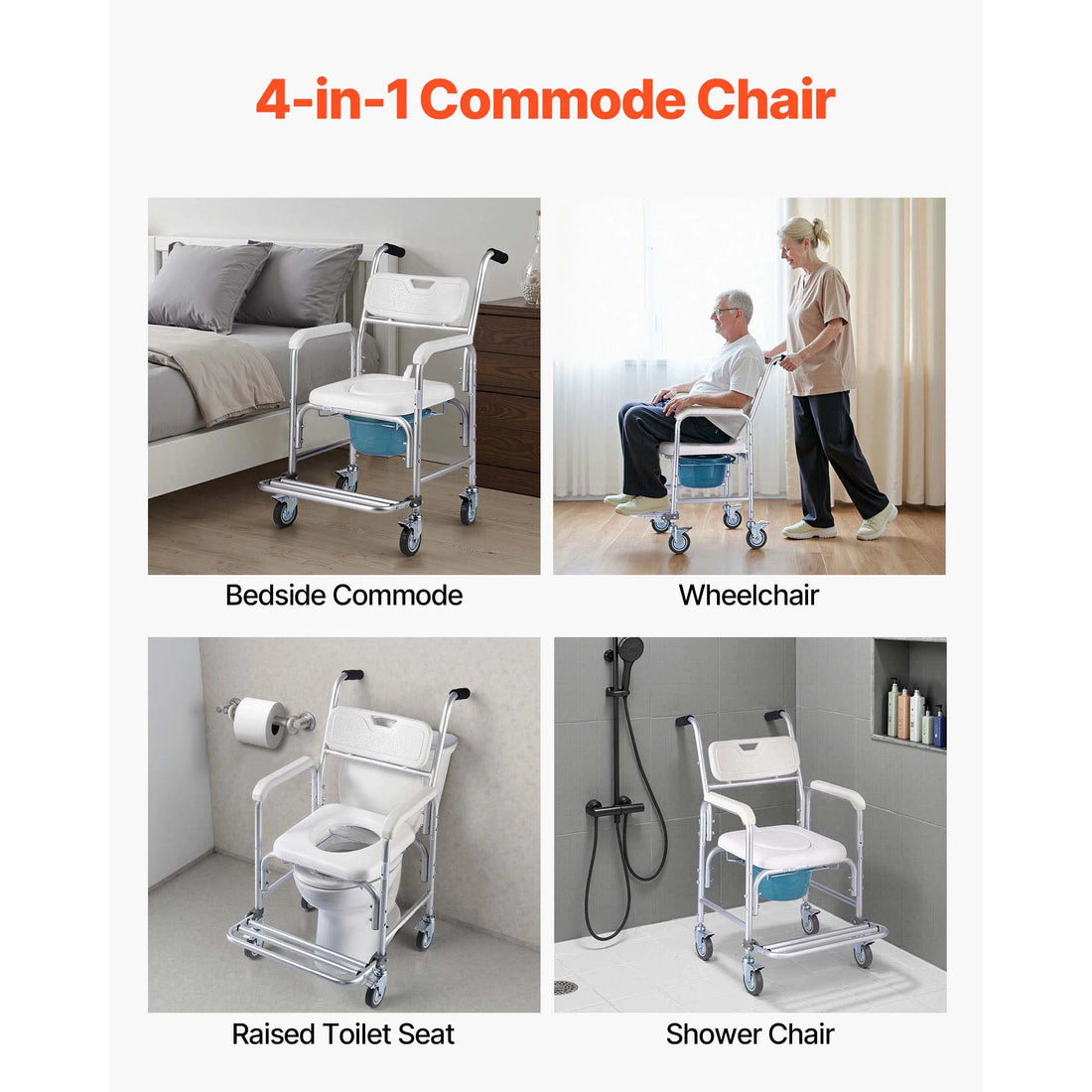 Wheeled Bedside Commode Chair with Padded Seat