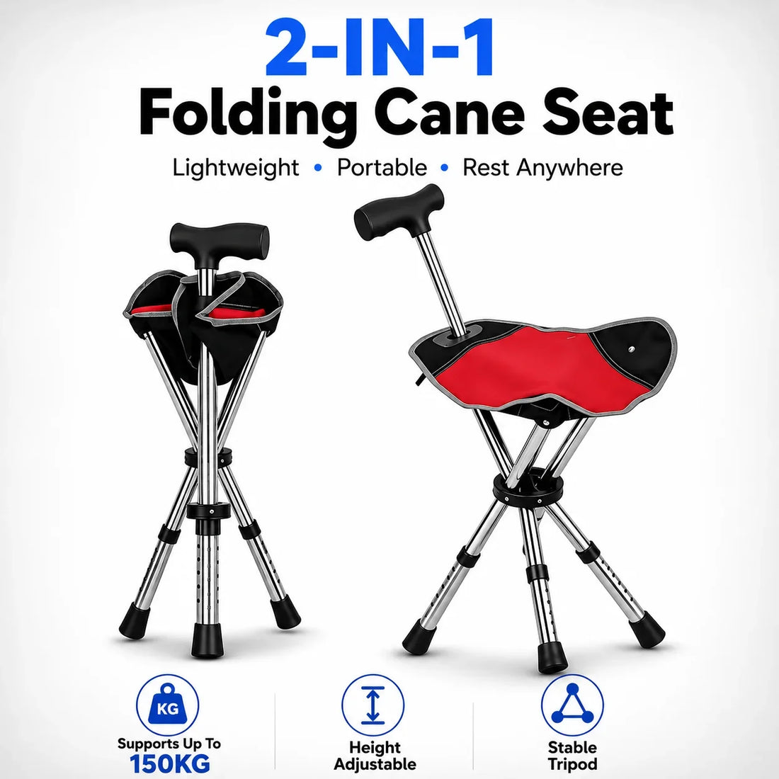 Folding Cane with Seat, Adjustable Height