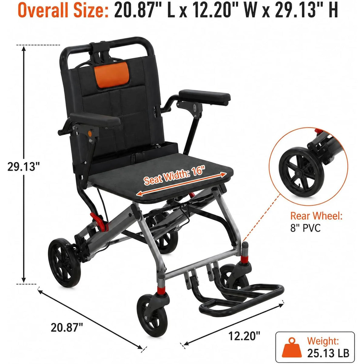 Folding Transport Wheelchair with Detachable Footrests
