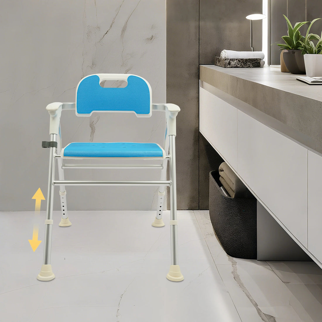 Foldable Shower Chair with Backrest and Armrests, Adjustable Height
