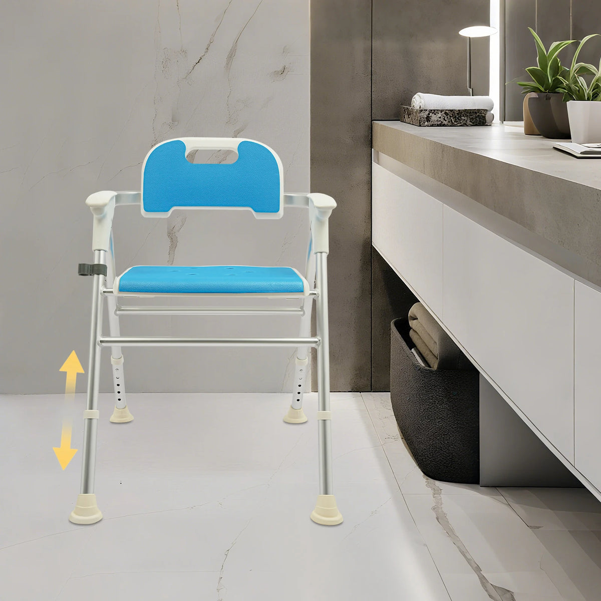 Foldable Shower Chair with Backrest and Armrests, Adjustable Height