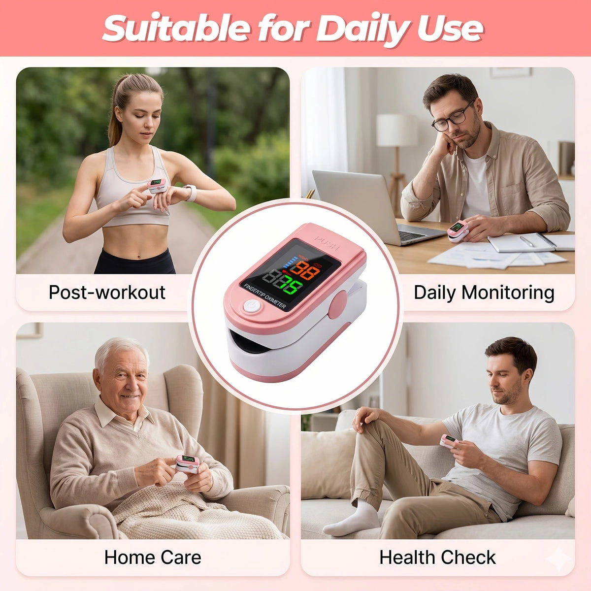 Pink Fingertip Pulse Oximeter with LCD Display