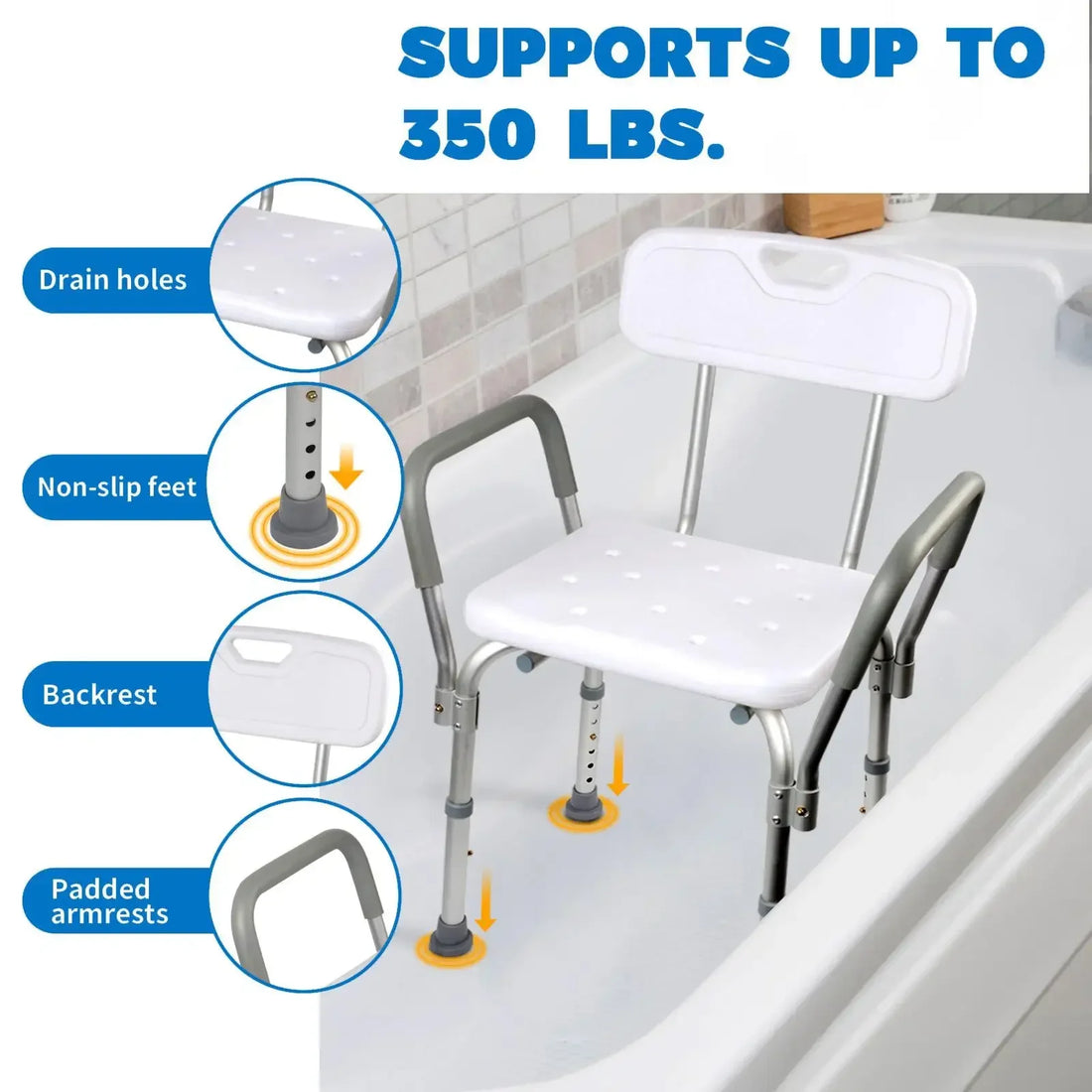 Adjustable Shower Chair with Padded Armrests