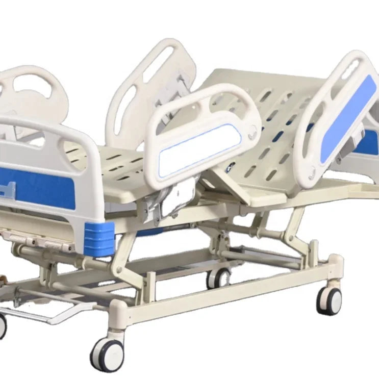 Hand-Cranked Hospital Bed with Guardrails and Wheels