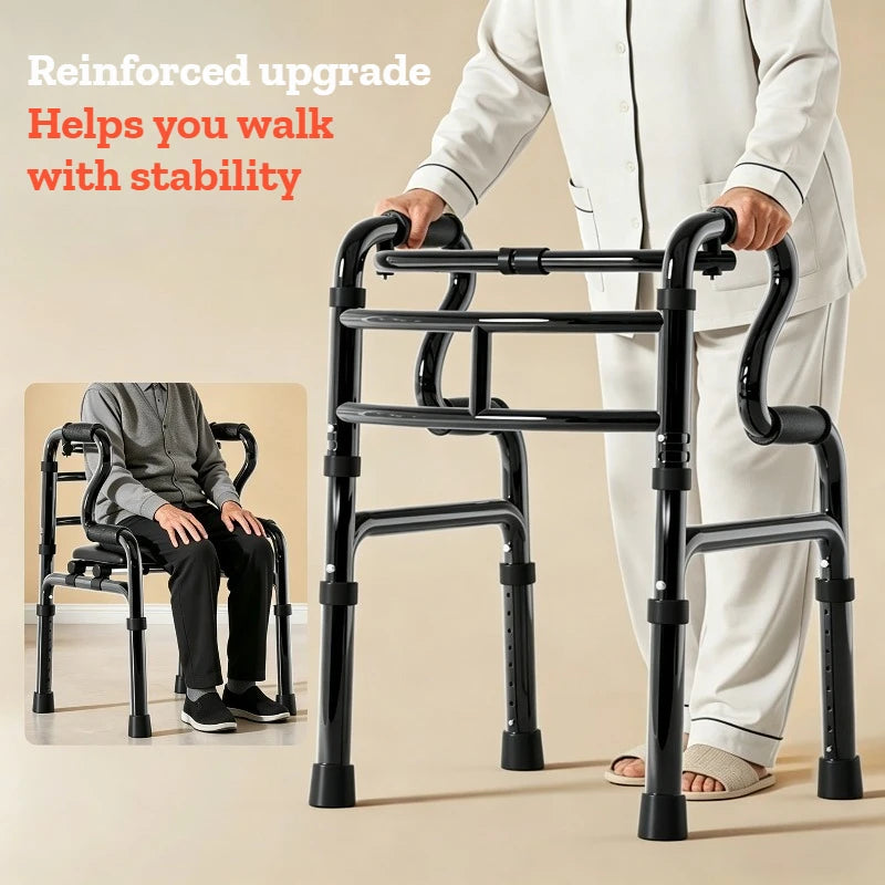 Folding Adjustable Walking Aid with Seat and Bucket