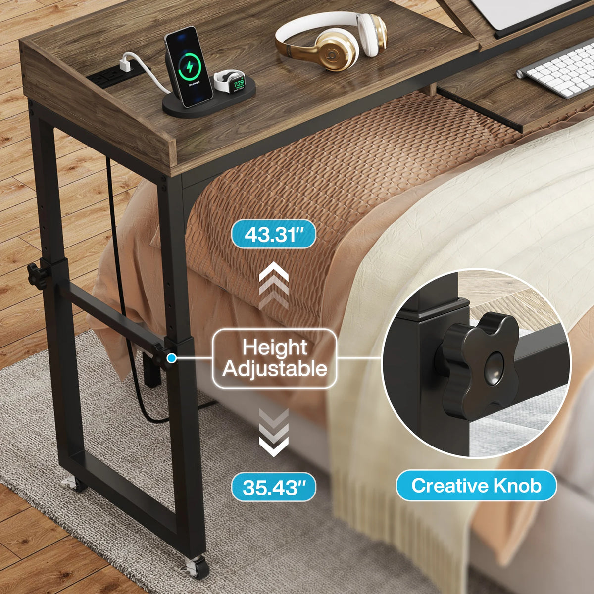 Wheeled Overbed Table with Adjustable Tilt Stand