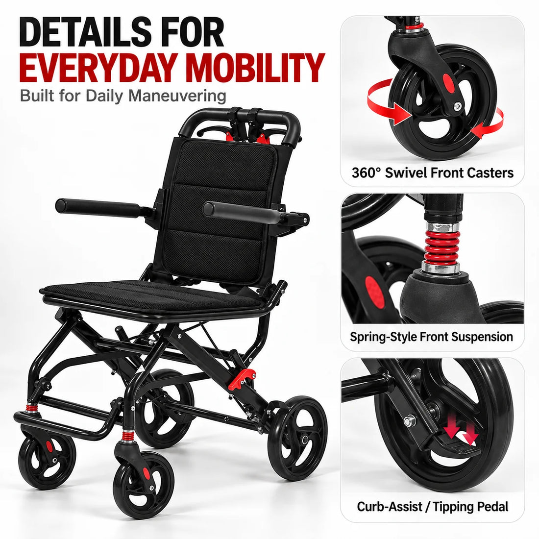 Lightweight Foldable Transport Wheelchair for Adults