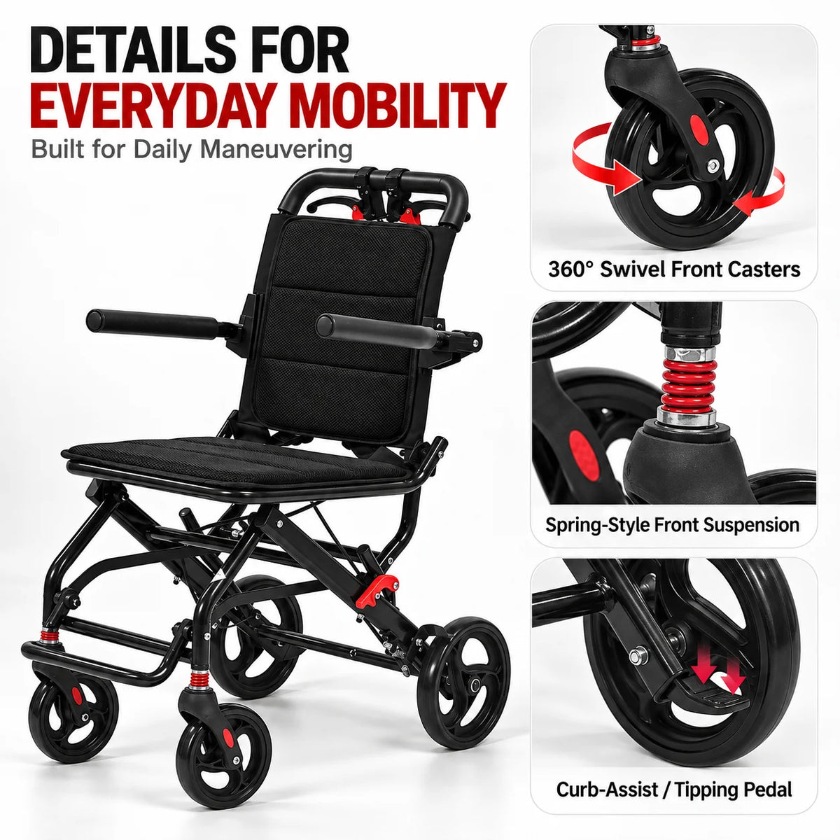 Lightweight Foldable Transport Wheelchair for Adults