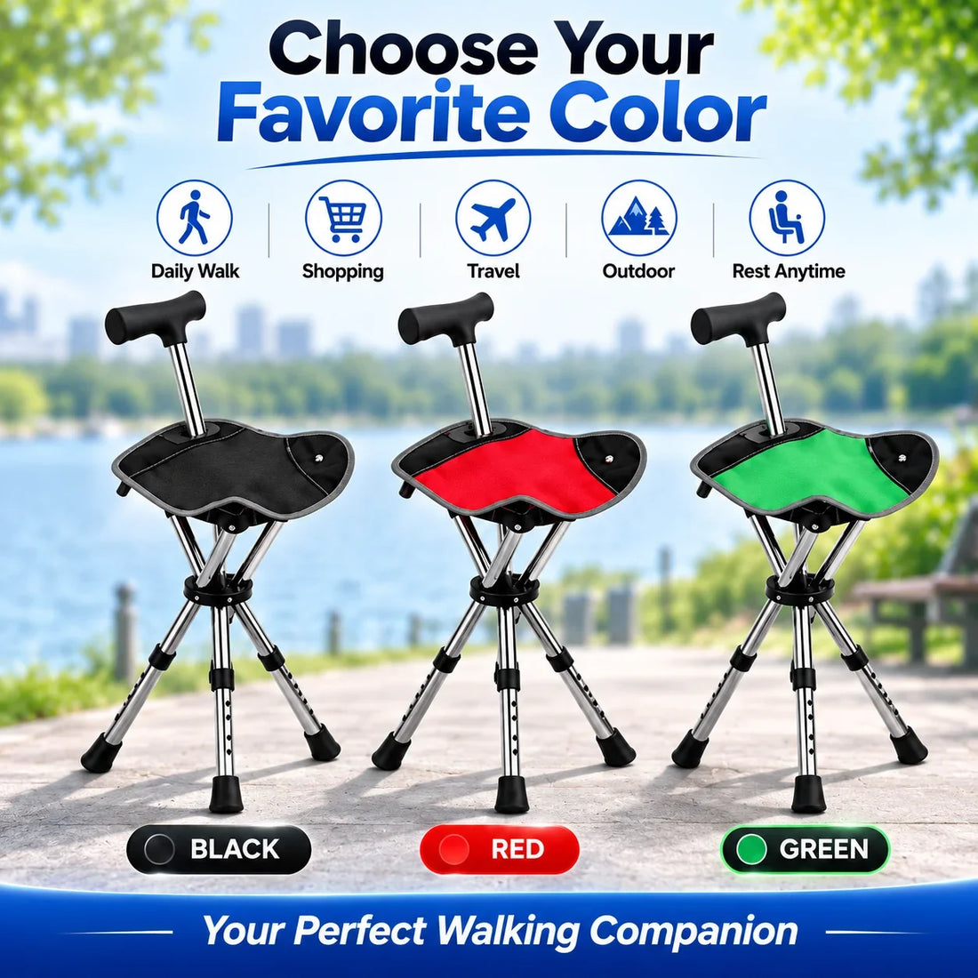 Folding Cane with Seat, Adjustable Height
