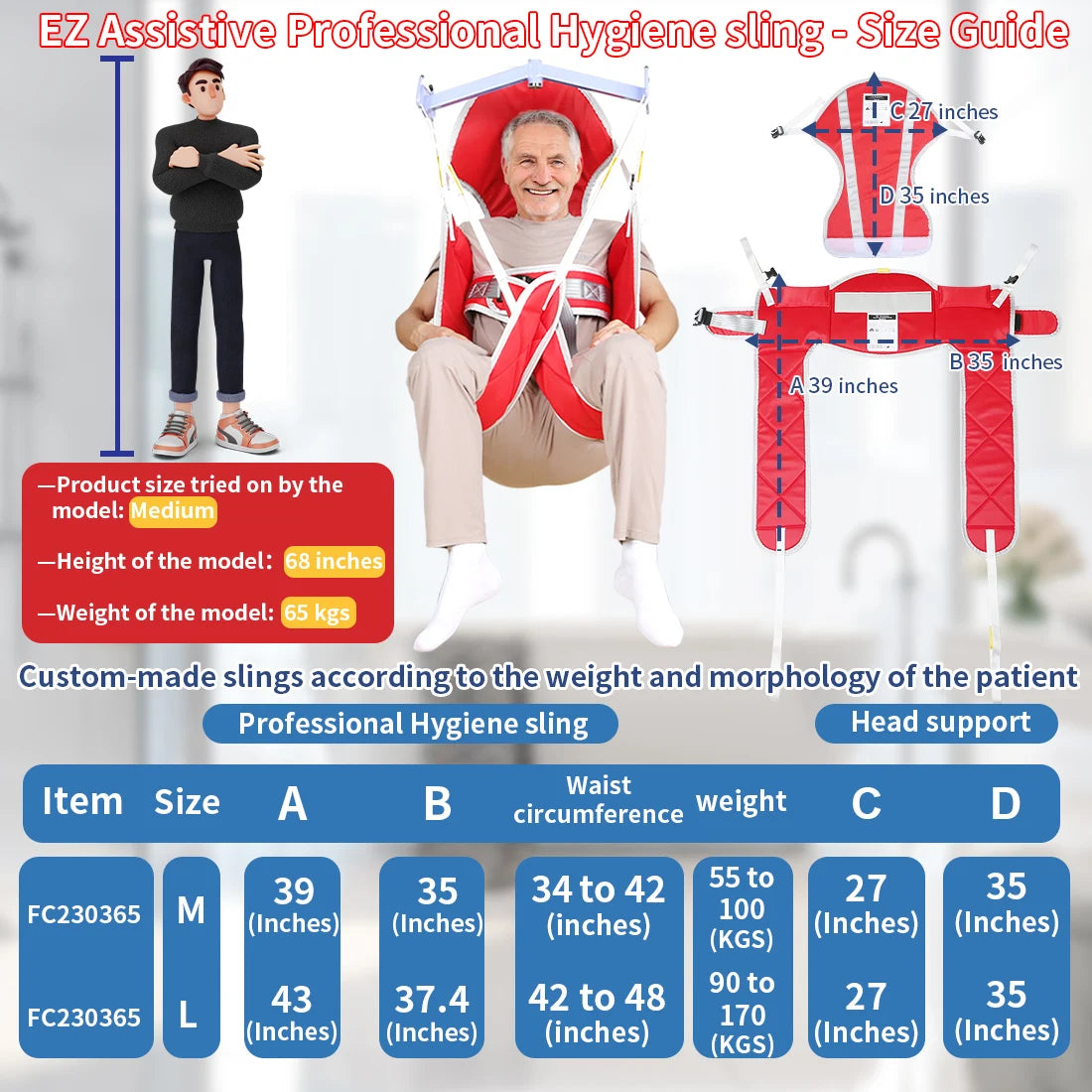 Patient Lift Hygiene Sling with Head Support