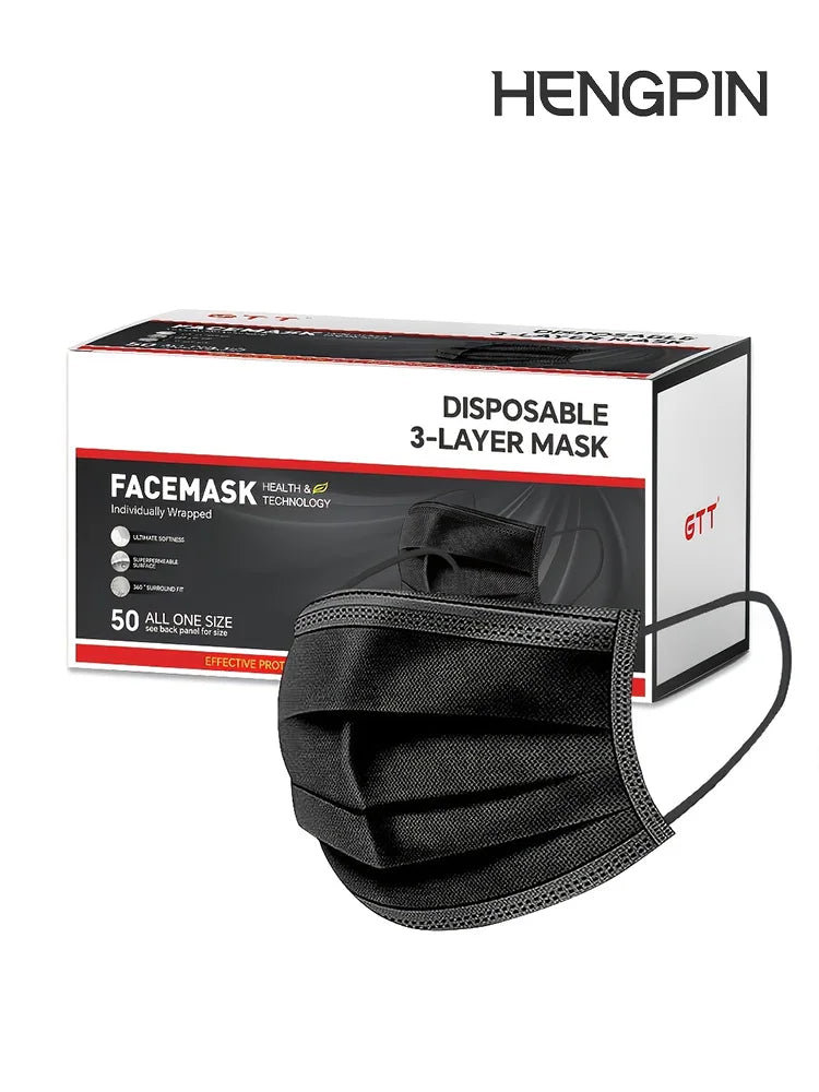 Black 3-Ply Disposable Face Masks for Adults