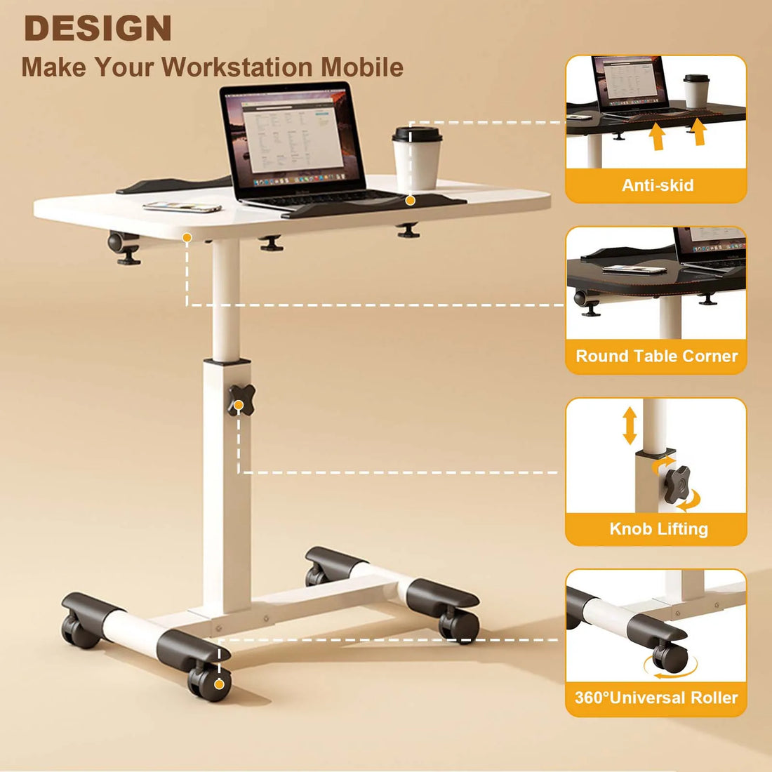 Foldable Height-Adjustable Overbed Table with Wheels